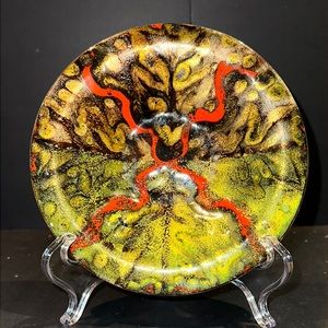 Signed Doris Hall Hand Painted Enamel Copper Abstract Bowl 7"